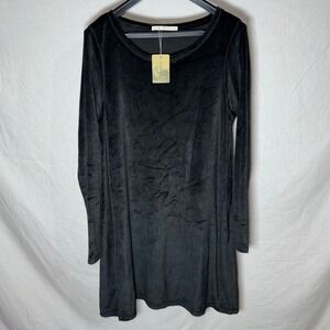 Peruvian Connection Velour Orla Dress Black Cotton Modal Shift L NEW With Tags